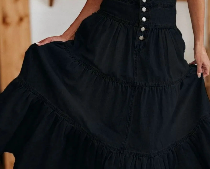 Ruched Button Fly Denim Skirt
