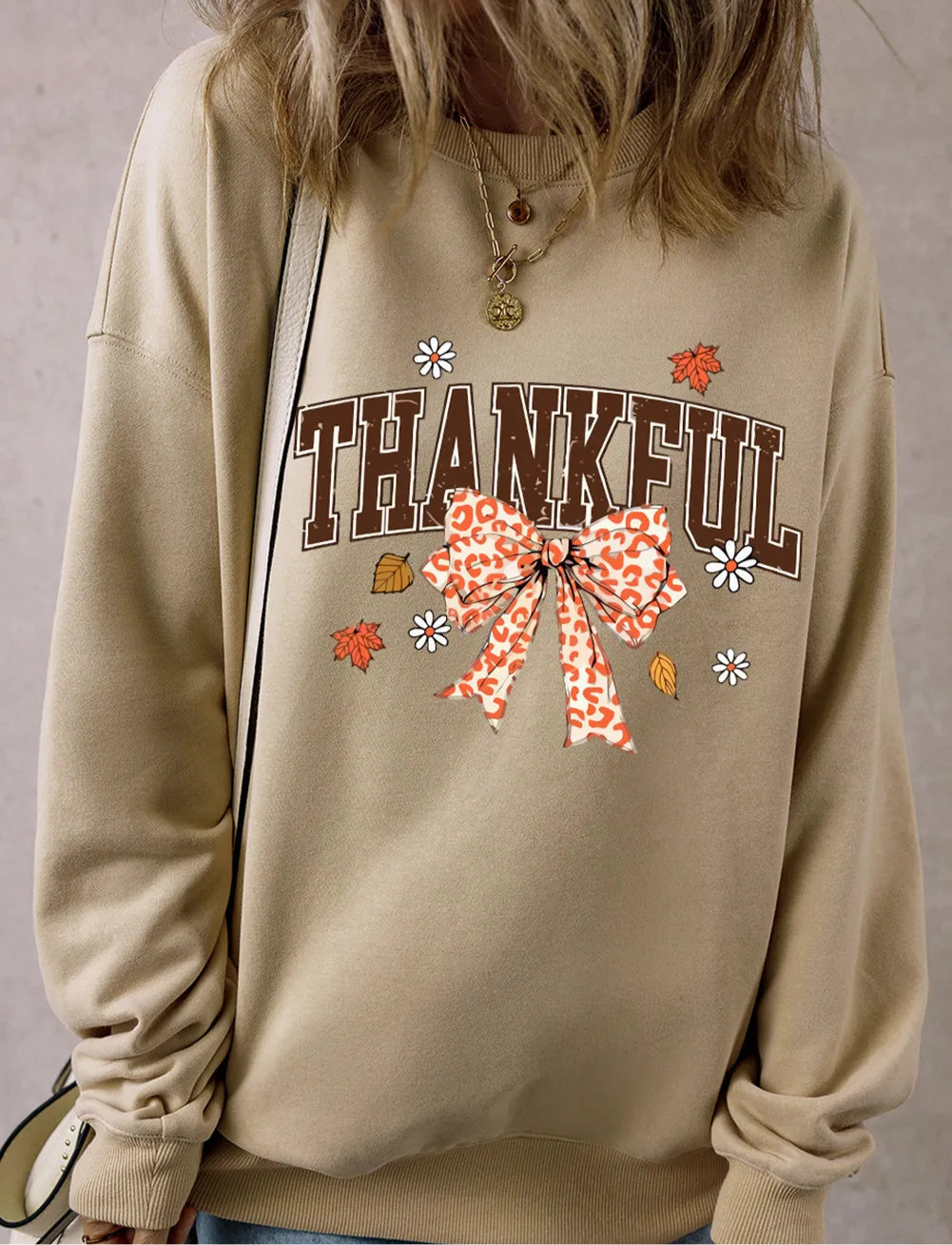 THANKFUL Bow Round Neck Long Sleeve Sweatshirt