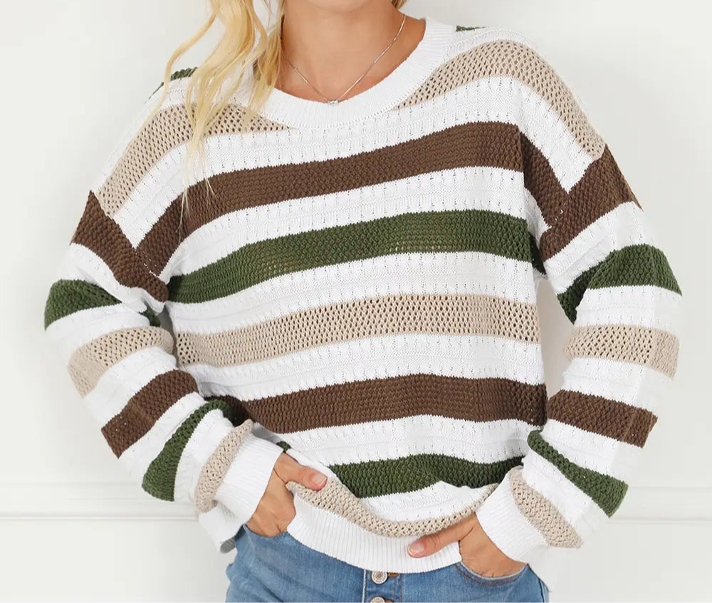 Striped Openwork Dropped Shoulder Sweater