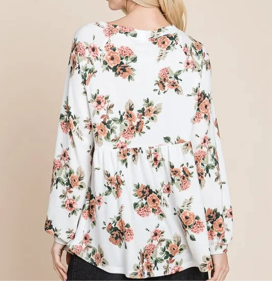 Super Lady Full Size Babydoll Floral Boat Neck Long Sleeve Blouse