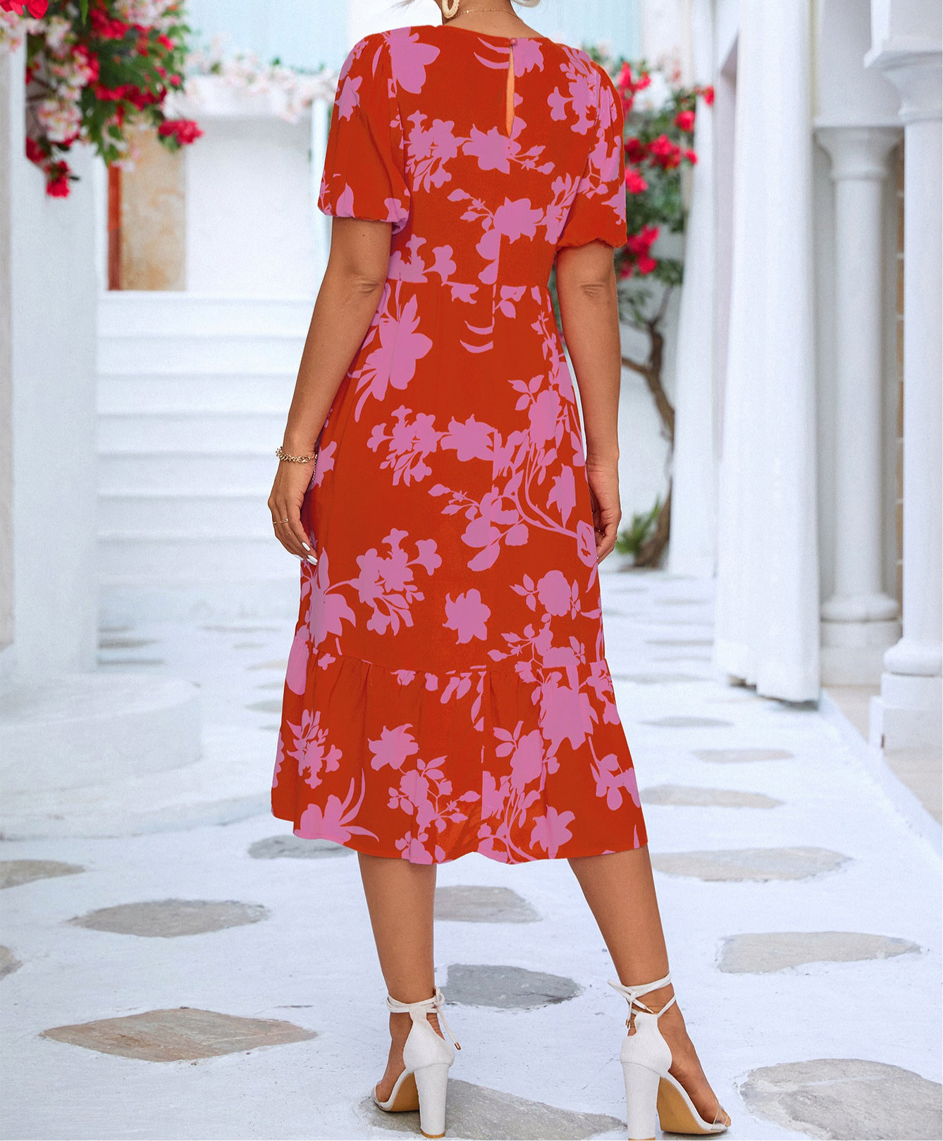 Floral Puff Sleeve Ruffle Hem Midi Dress