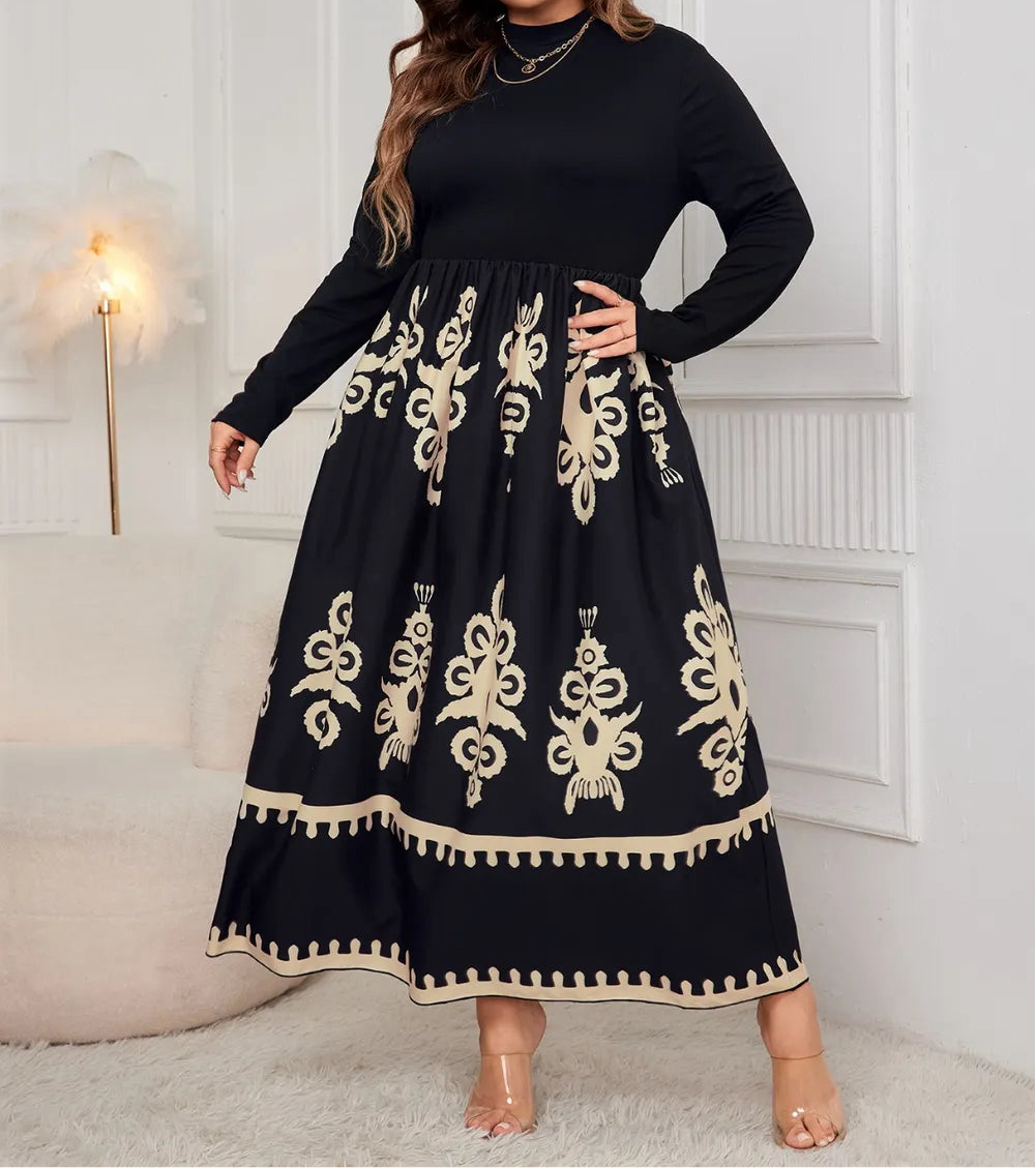 Plus Size Printed Mock Neck Long Sleeve Dress
