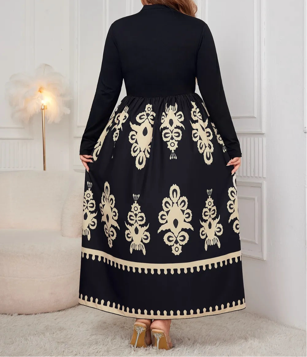 Plus Size Printed Mock Neck Long Sleeve Dress