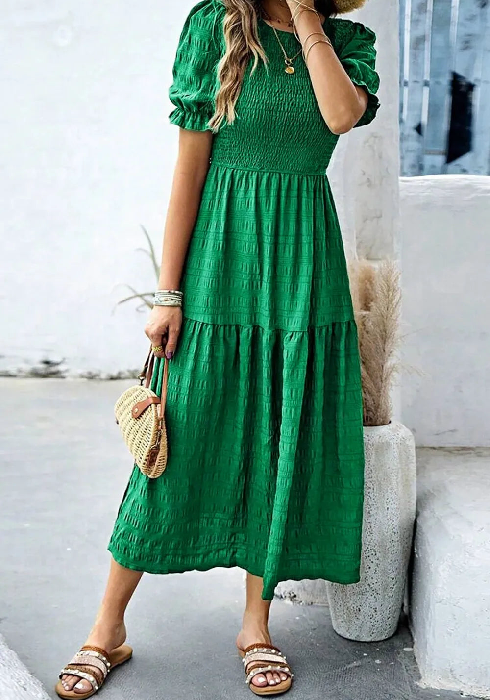 Smocked Puff Sleeve Midi Dress