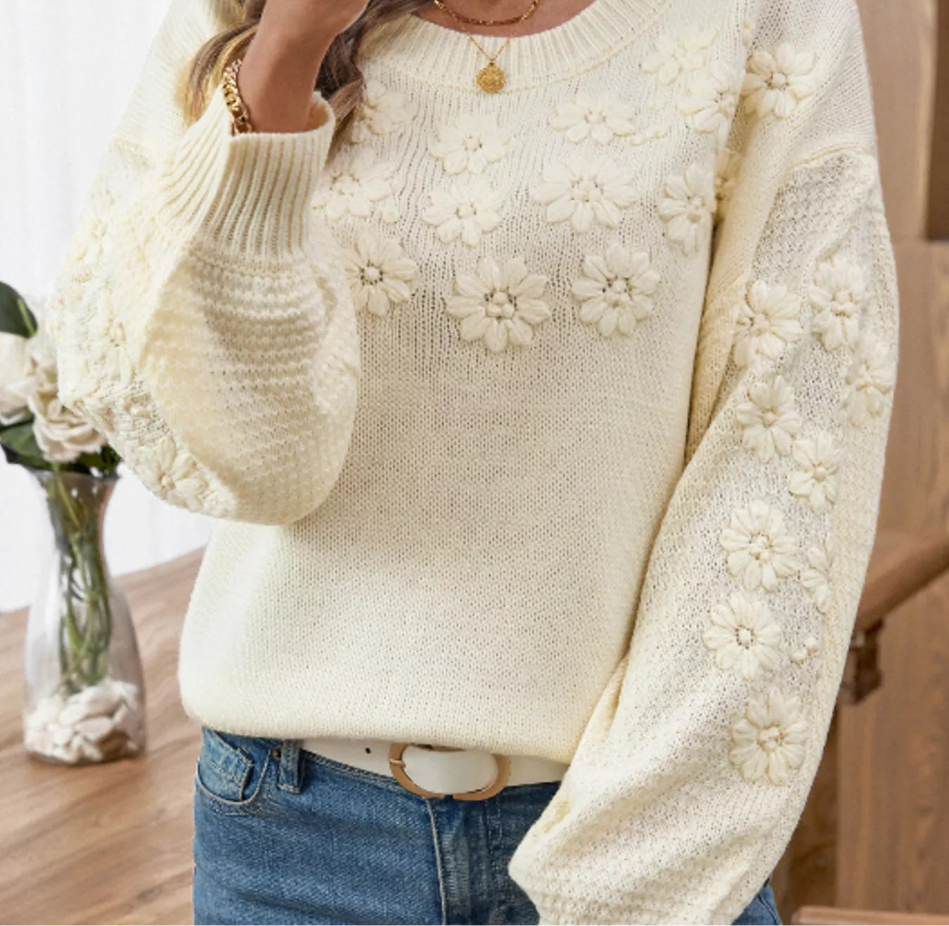 Flower Round Neck Long Sleeve Sweater