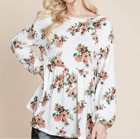 Super Lady Full Size Babydoll Floral Boat Neck Long Sleeve Blouse