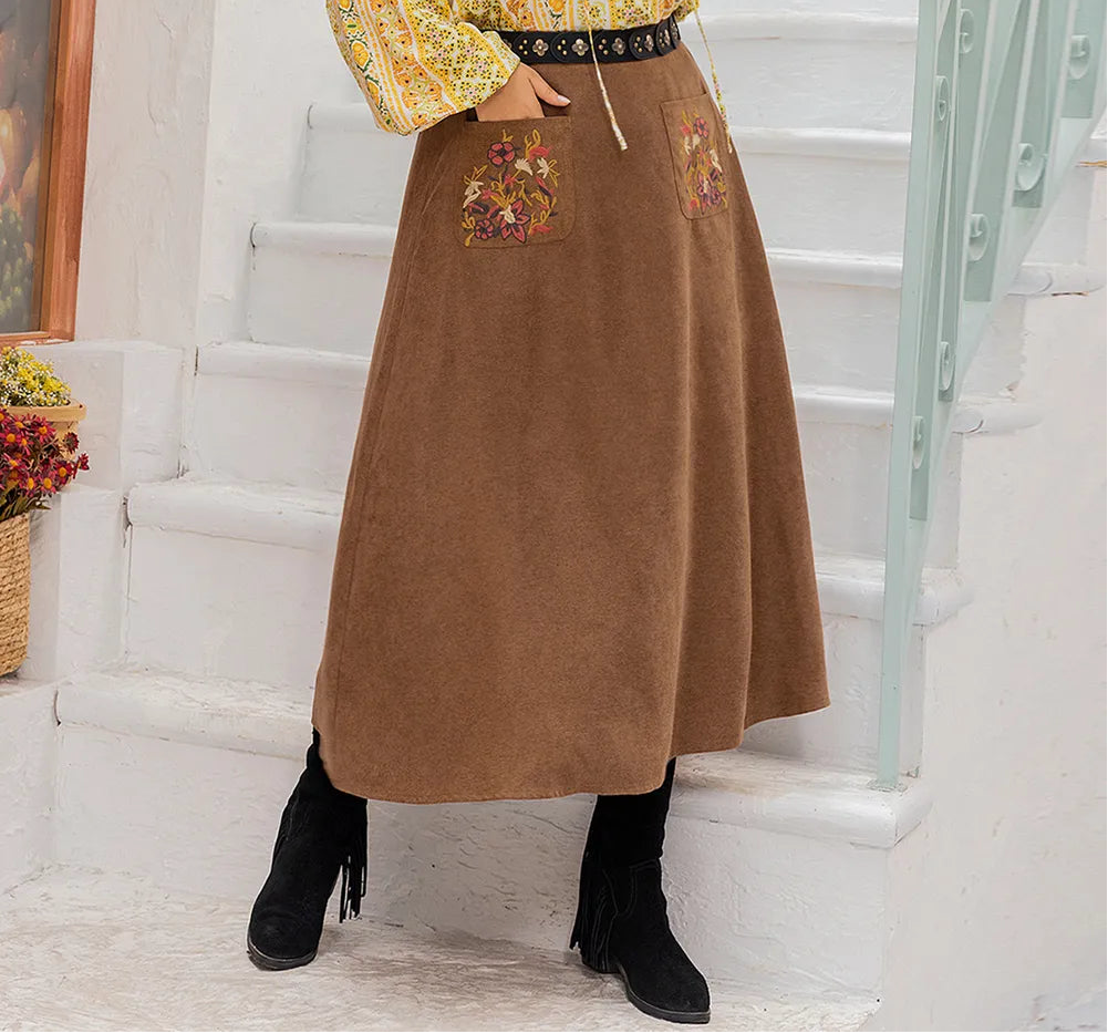 Plus Size Embroidered Pocketed High Waist Skirt