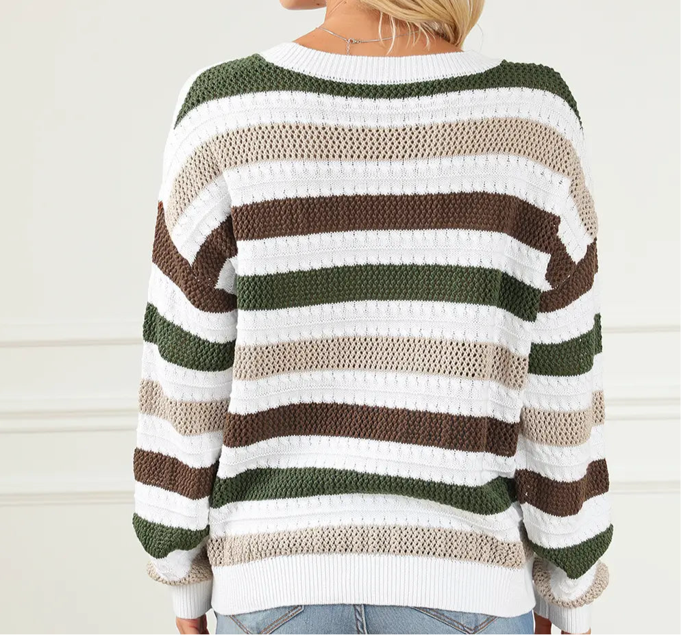 Striped Openwork Dropped Shoulder Sweater