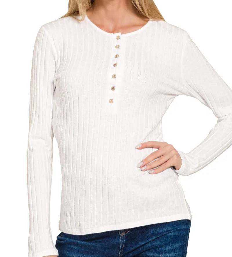 Zenana Ribbed Long Sleeve Half Button Top