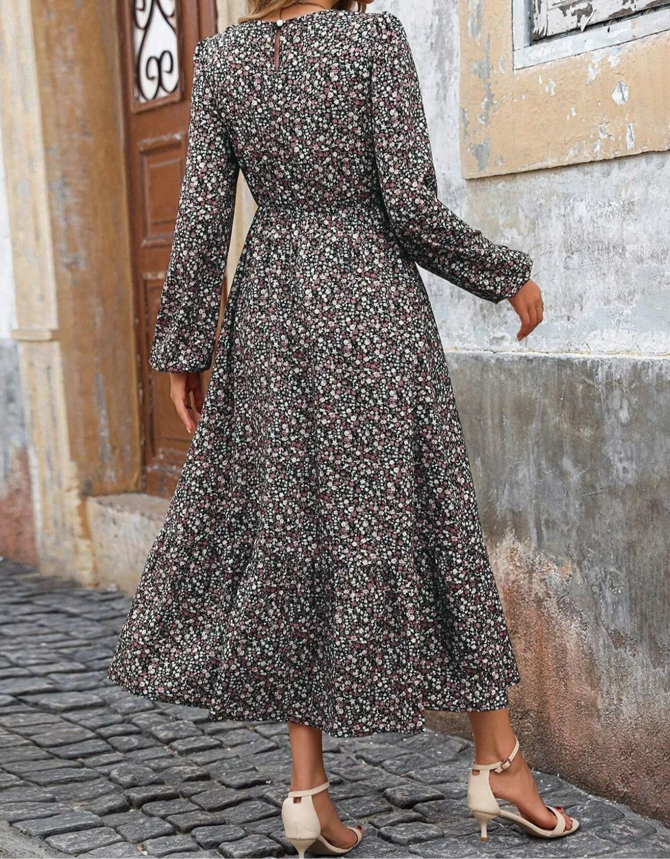 Printed Long Sleeve Midi Dress with Elastic Waist