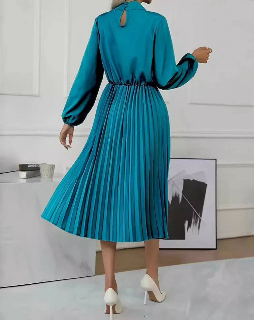 Mock Neck Long Sleeve Pleated Dress