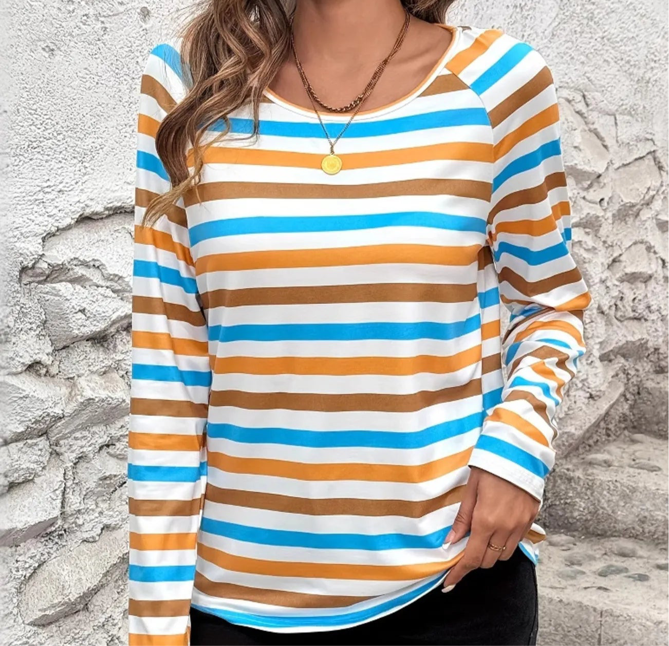 Full Size Striped Long Sleeve Casual Top Plus Size