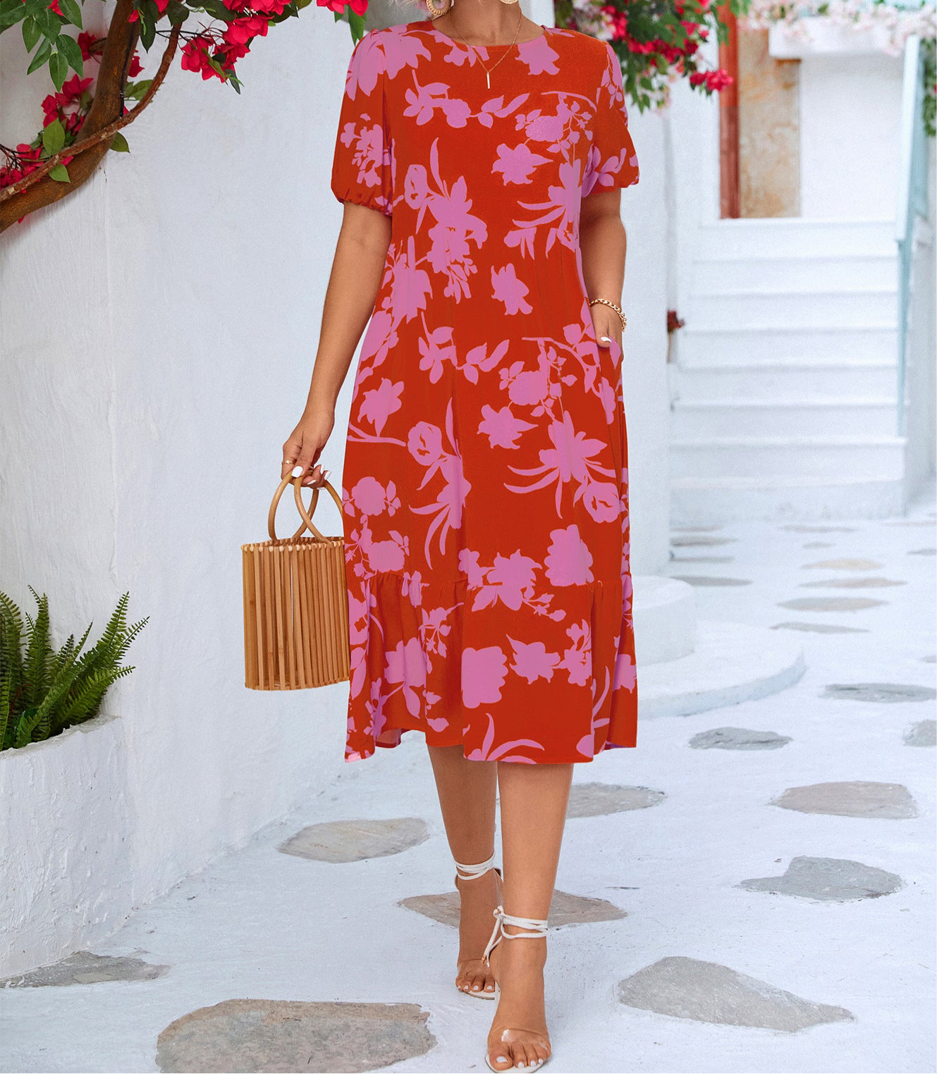 Floral Puff Sleeve Ruffle Hem Midi Dress