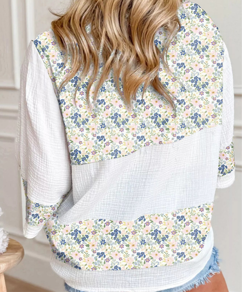 Floral Print Henley Button 3/4 Sleeve Blouse