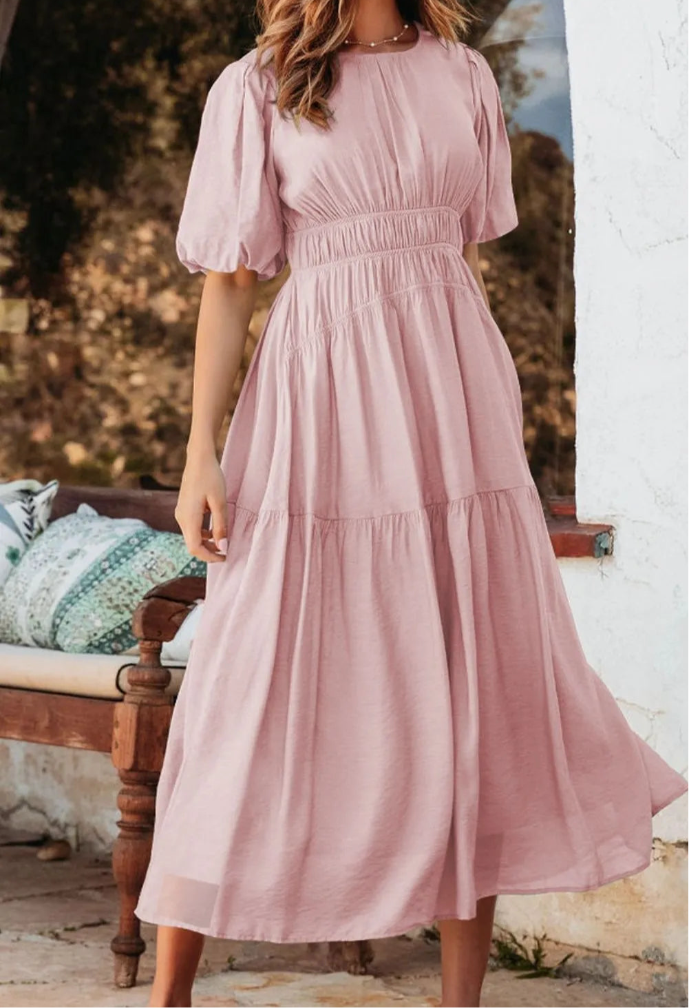 Puff Sleeve Pleated High Waist Flowy Midi Dress