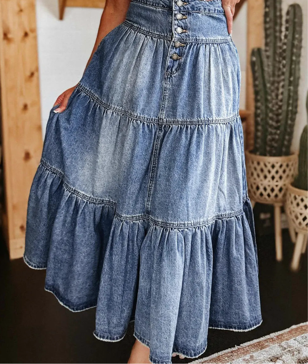 Tiered Button-Fly Denim Skirt
