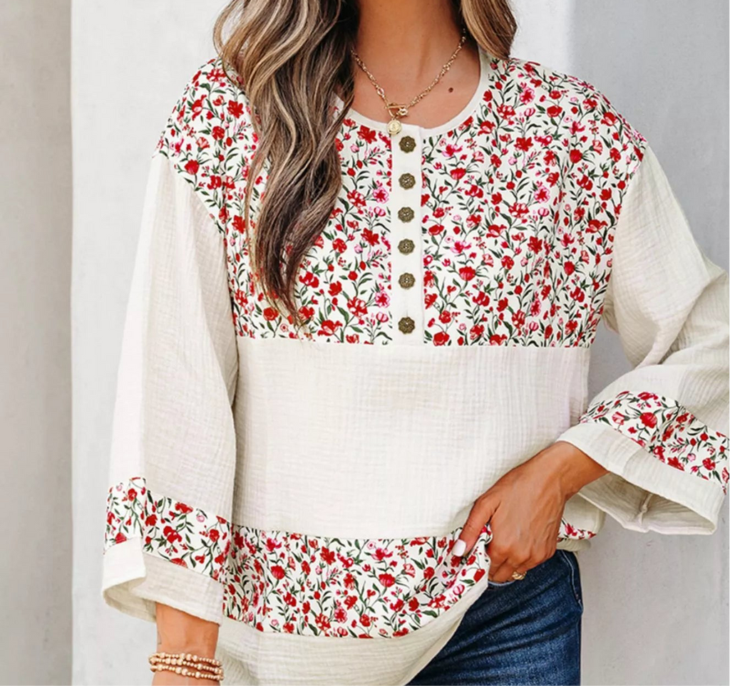 Floral Print Henley Button 3/4 Sleeve Blouse