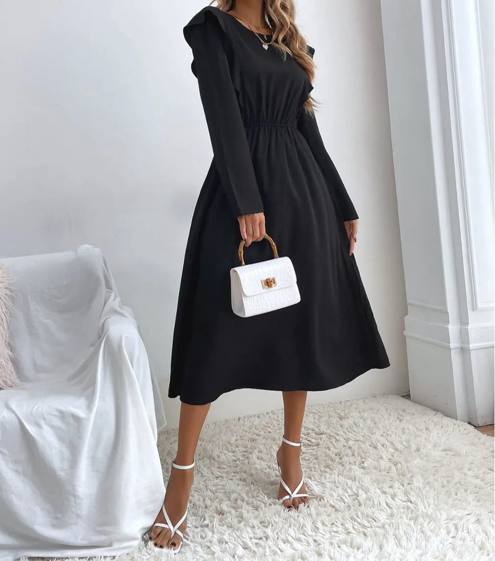 Ruched Ruffled Round Neck Long Sleeve Dress