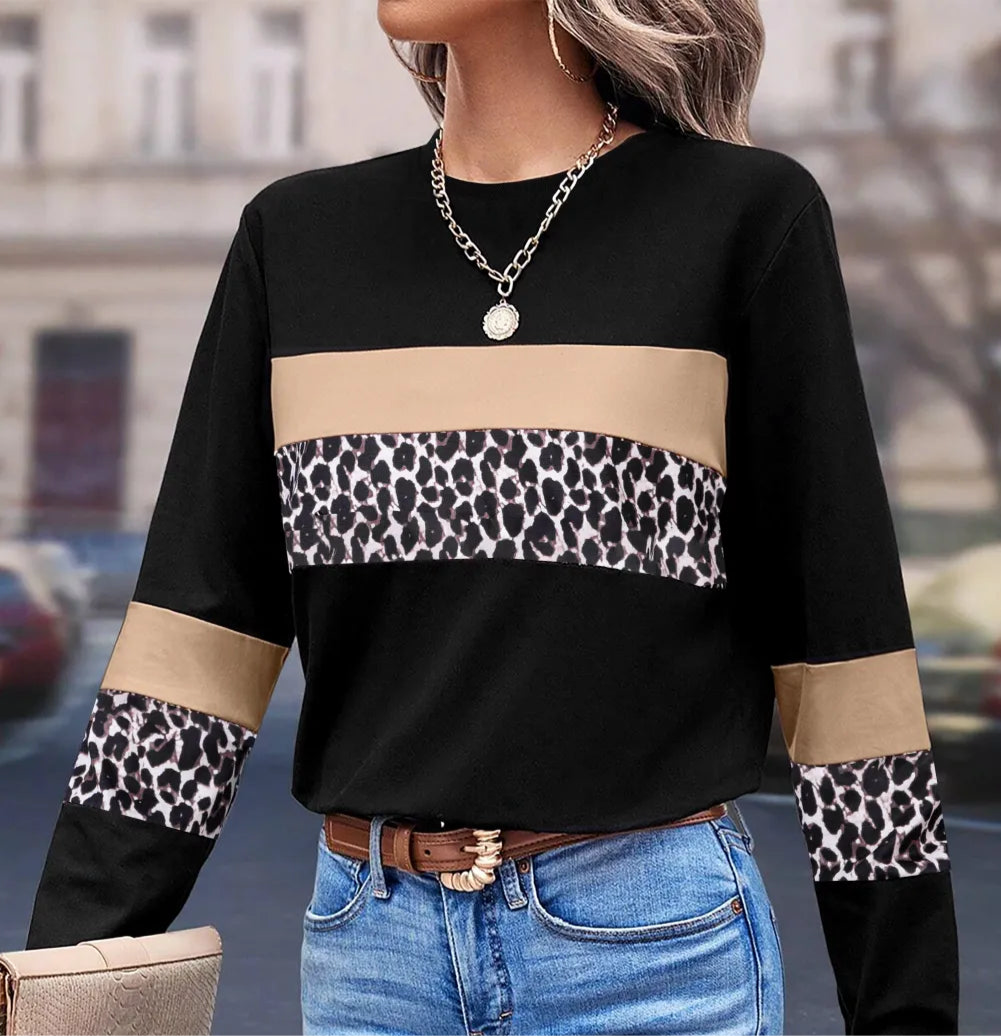 Leopard Round Neck Long Sleeve Blouse