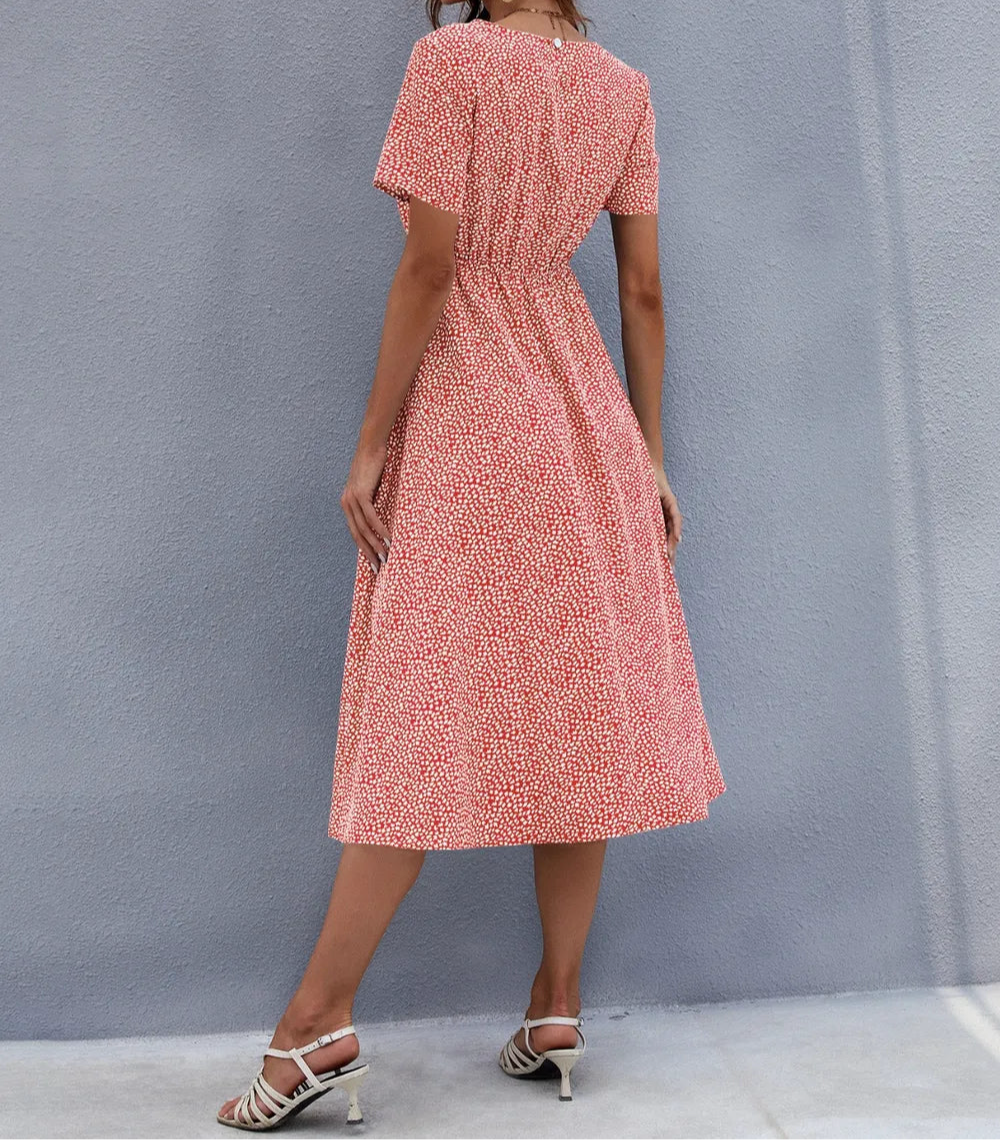 Honey Printed Round Neck Short Sleeve Midi Dress