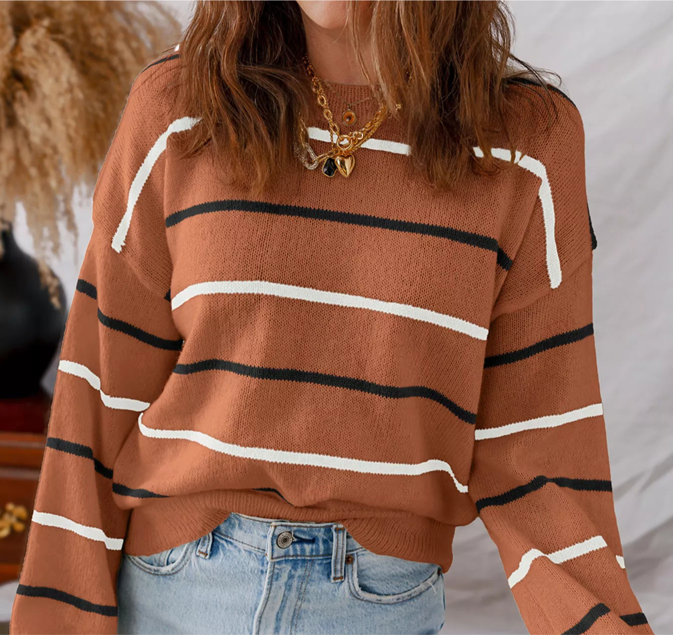 Stripe Striped Ribbed Edge Drop Shoulder Sweater