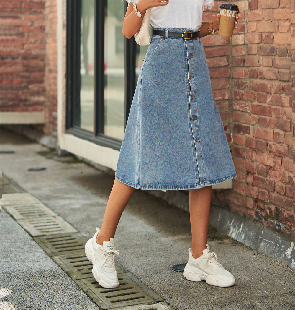 Button Front A-Line Denim Skirt