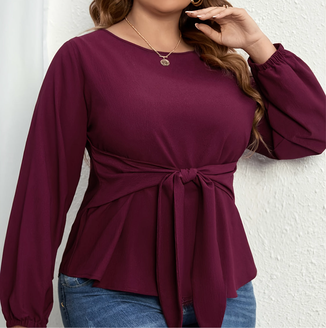 Plus Size Tie Front Long Sleeve Blouse