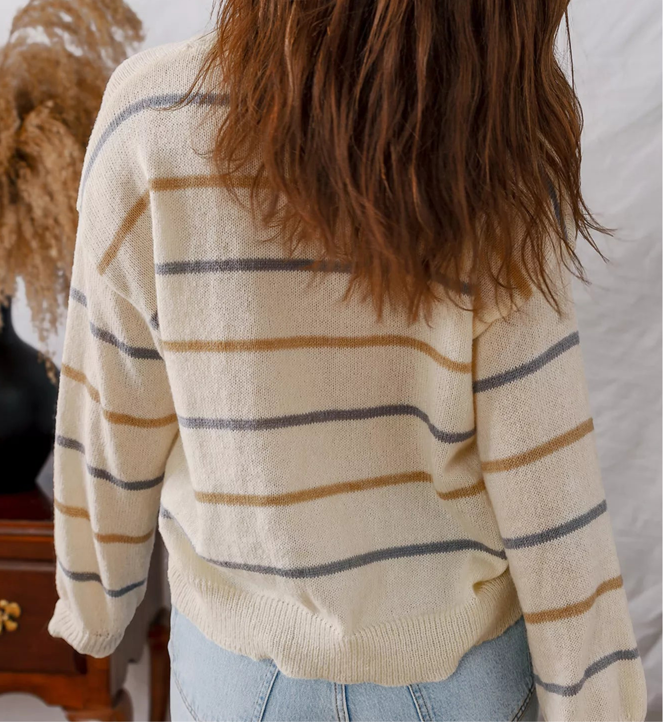 Stripe Striped Ribbed Edge Drop Shoulder Sweater