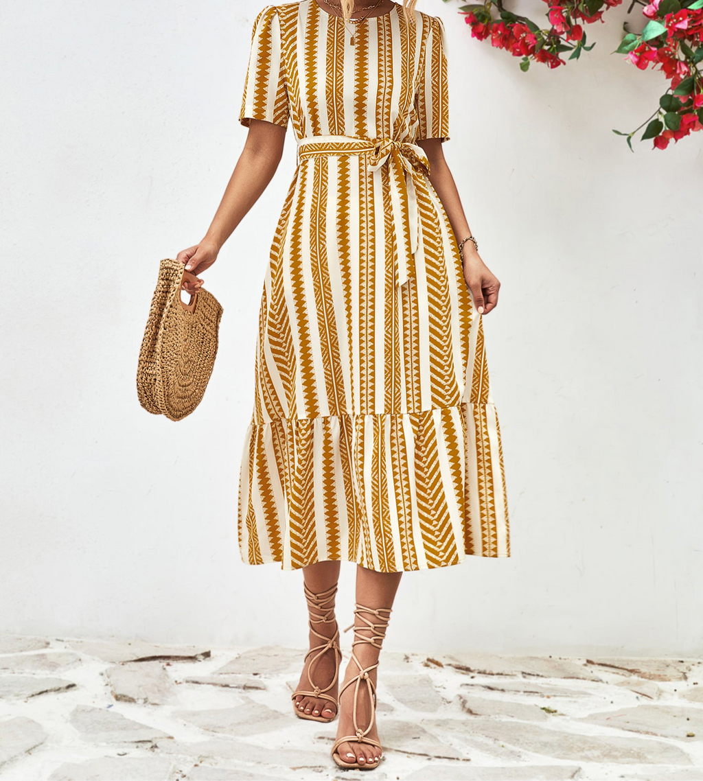 Striped Tie Belt Round Neck Puff Sleeve Dress