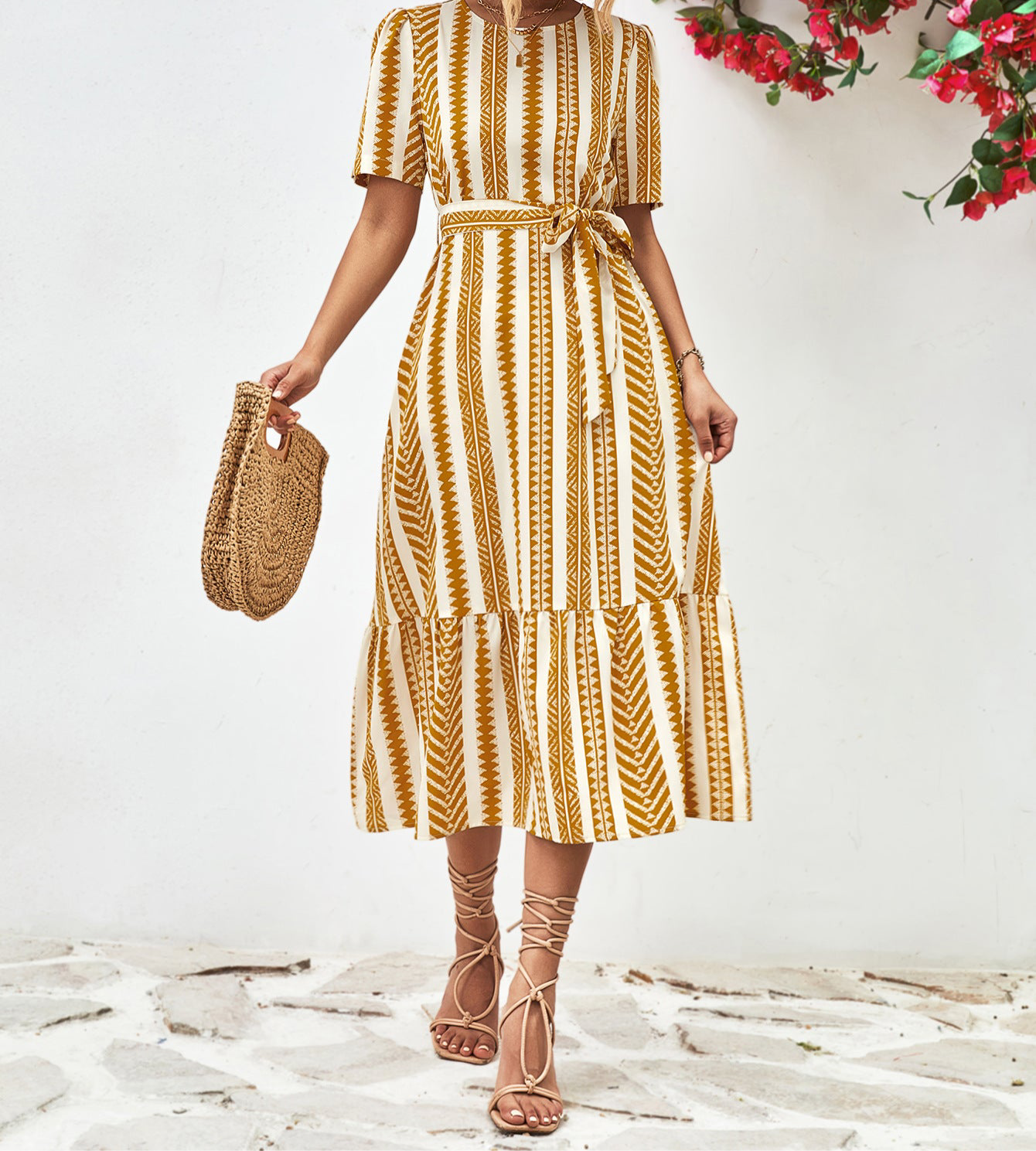 Striped Tie Belt Round Neck Puff Sleeve Dress