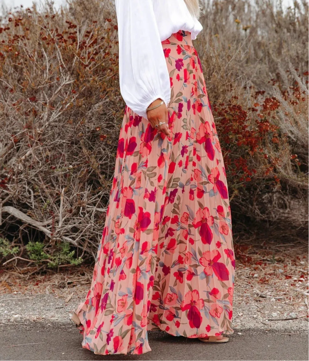 Printed Elastic Waist Pleated Maxi Skirt