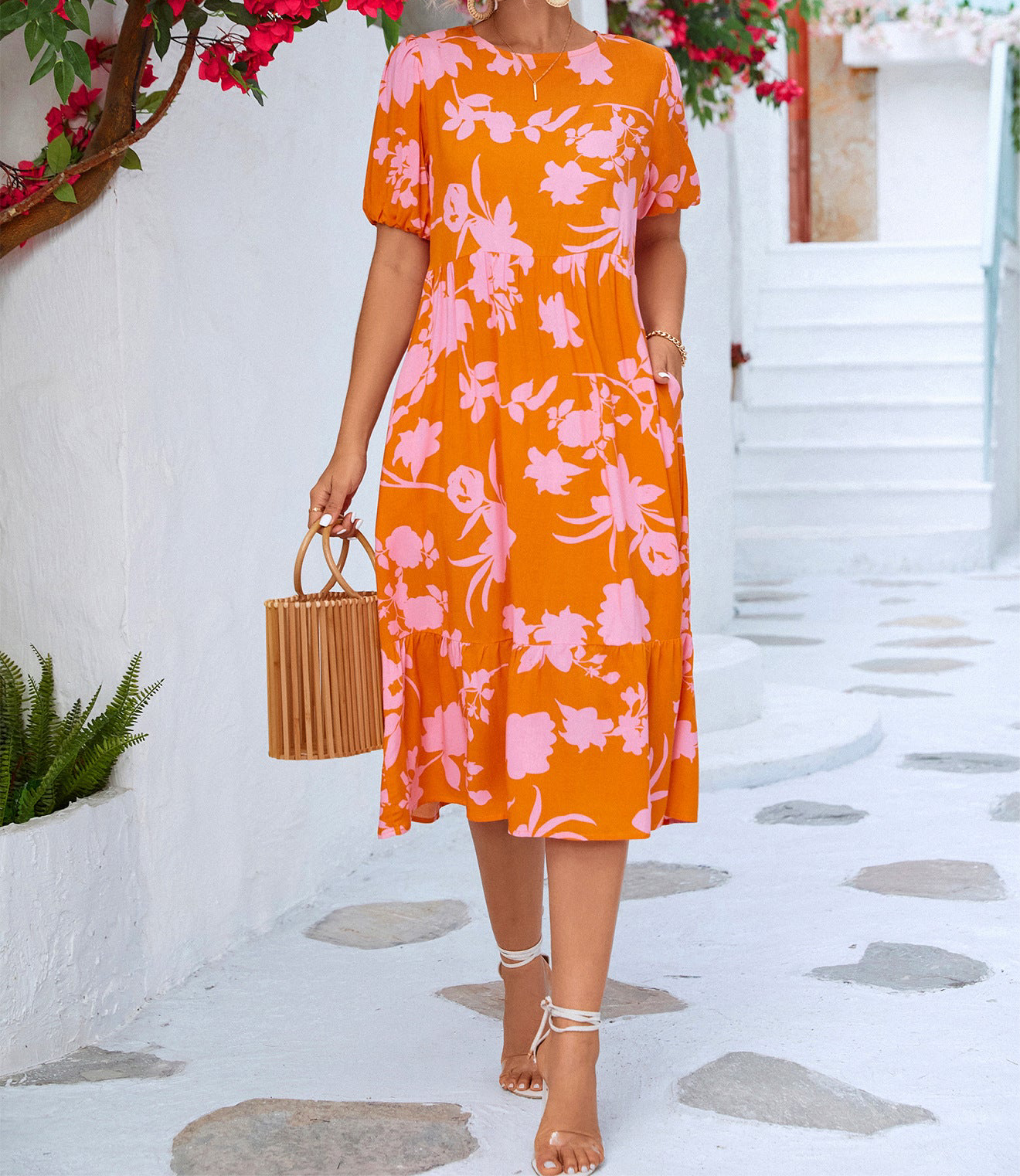 Floral Puff Sleeve Ruffle Hem Midi Dress