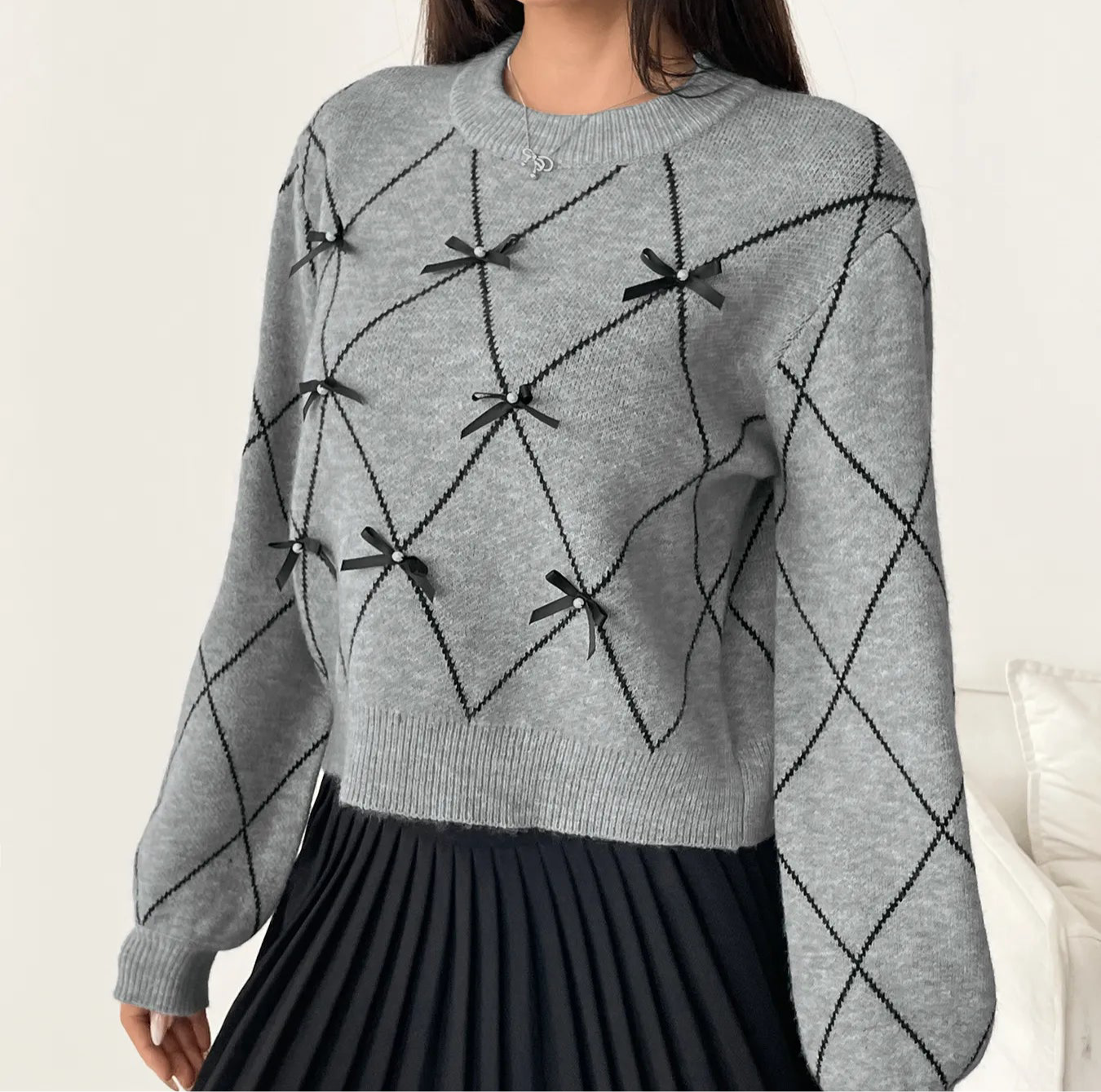 Diamond Pattern Bow Detail Sweater