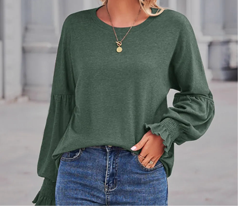 Round Neck Flounce Sleeve Blouse