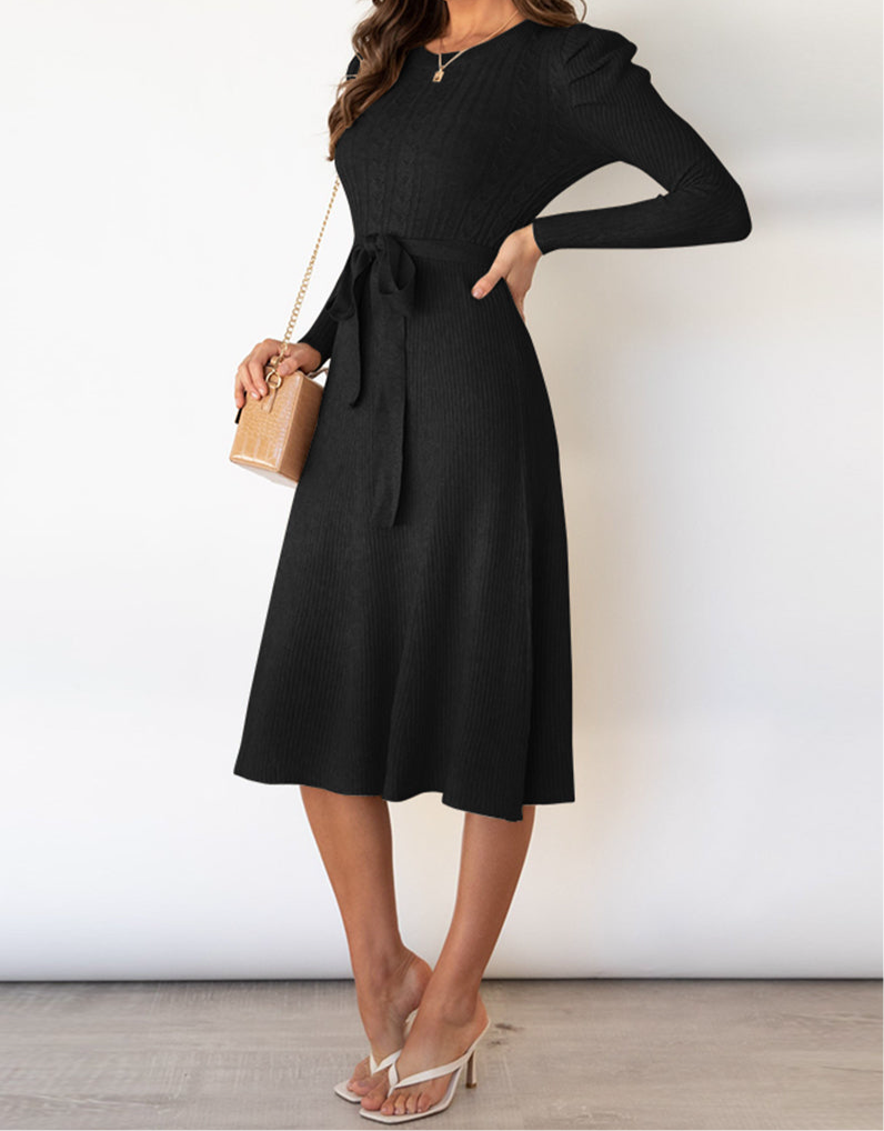 Round Neck Long Sleeve Tie Waist Sweater Dress