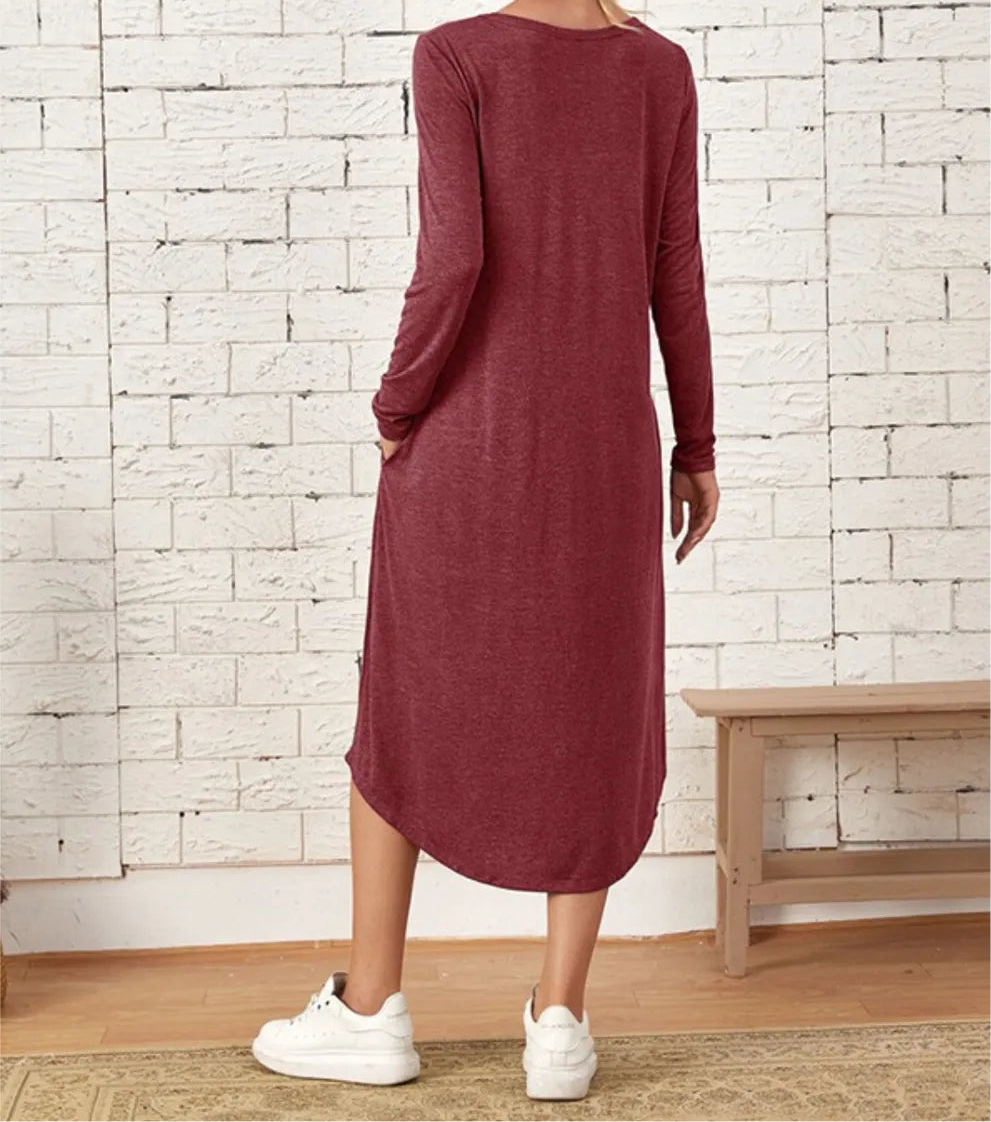 Pocketed Round Neck Long Sleeve Tee Dress