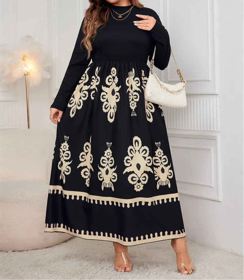 Plus Size Printed Mock Neck Long Sleeve Dress
