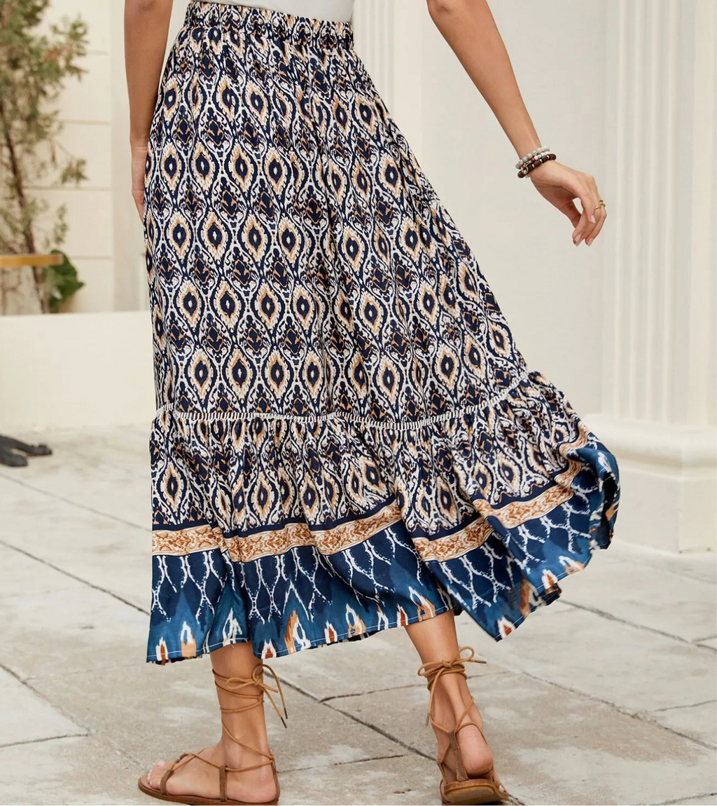 Bohemian Printed Ruched Maxi Skirt