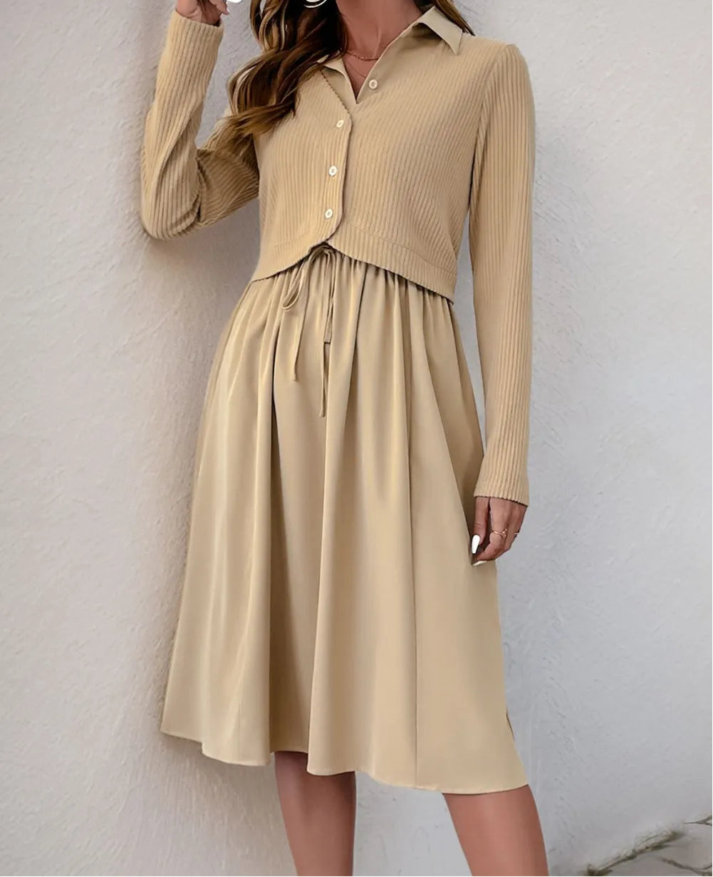 Perfee Fake Two Piece Collared Neck Long Sleeve Midi Dress