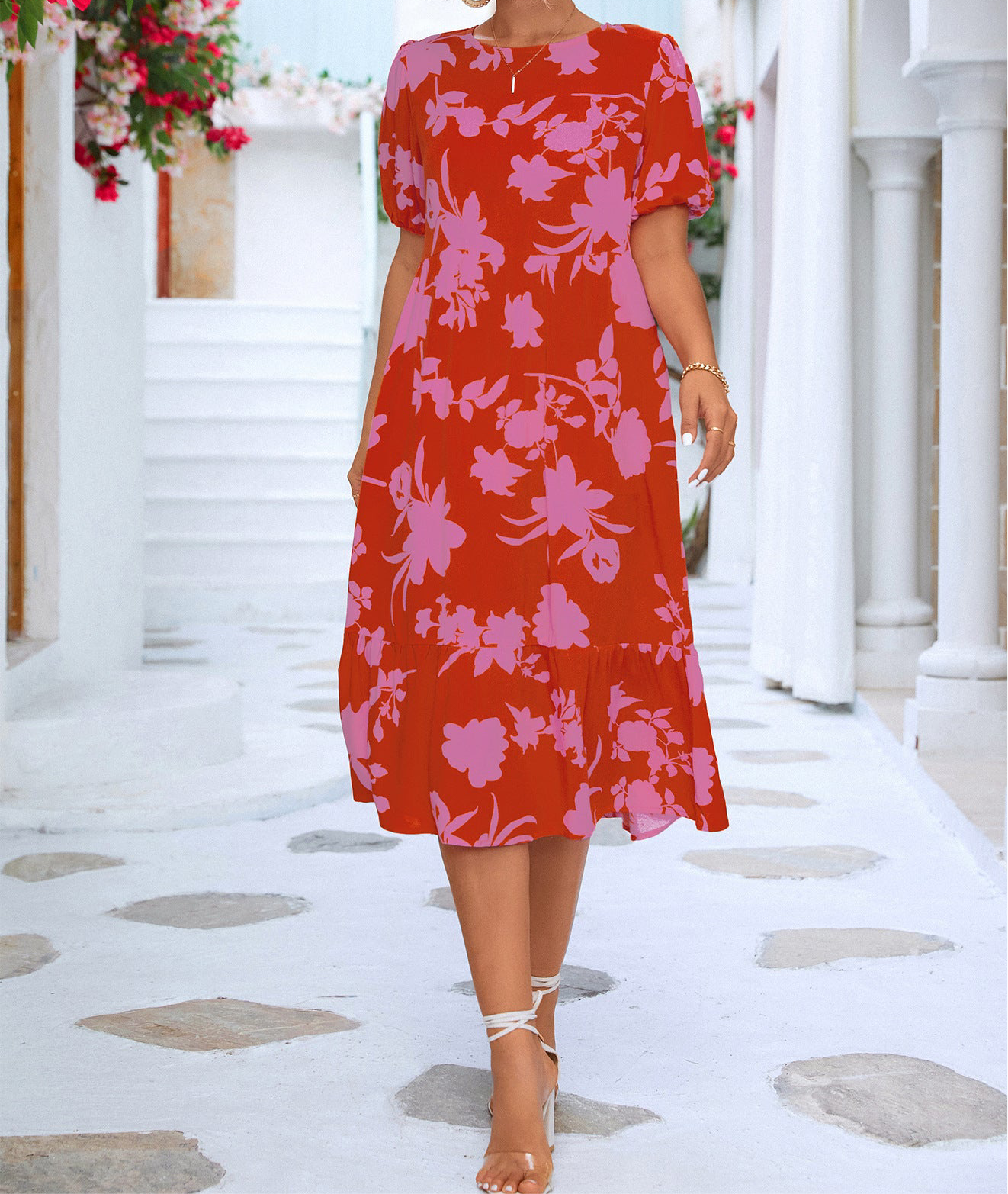 Floral Puff Sleeve Ruffle Hem Midi Dress