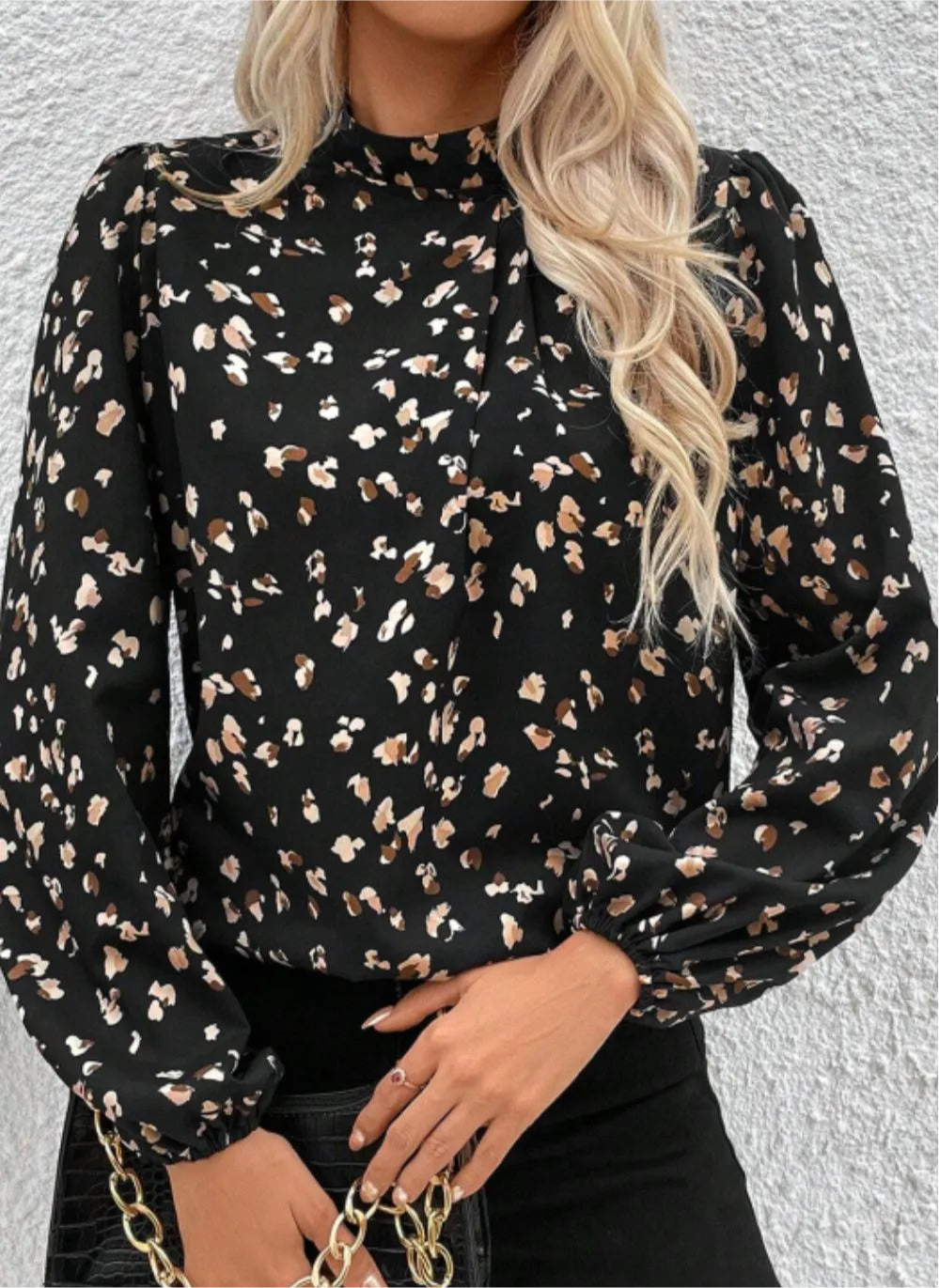 Printed Mock Neck Balloon Sleeve Blouse