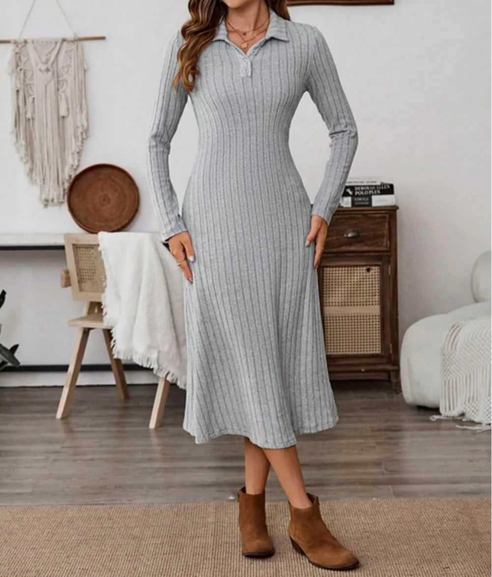 Collared Neck Long Sleeve Midi Dress