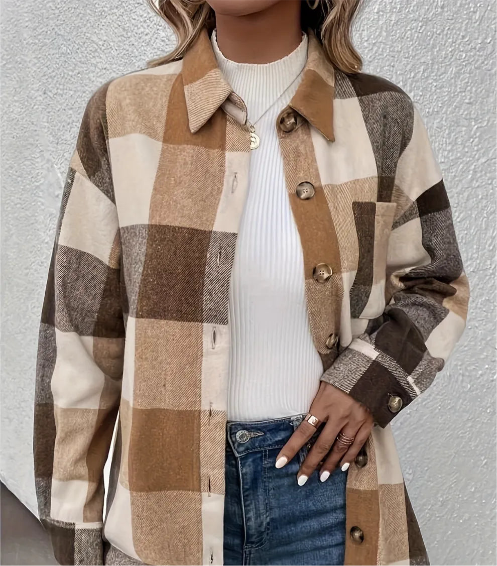 Curved Hem Plaid Collared Neck Shacket