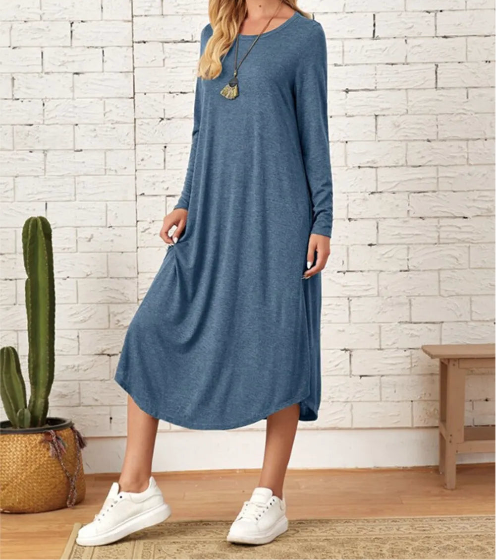 Pocketed Round Neck Long Sleeve Tee Dress