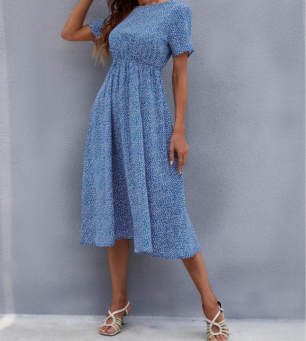 Honey Printed Round Neck Short Sleeve Midi Dress