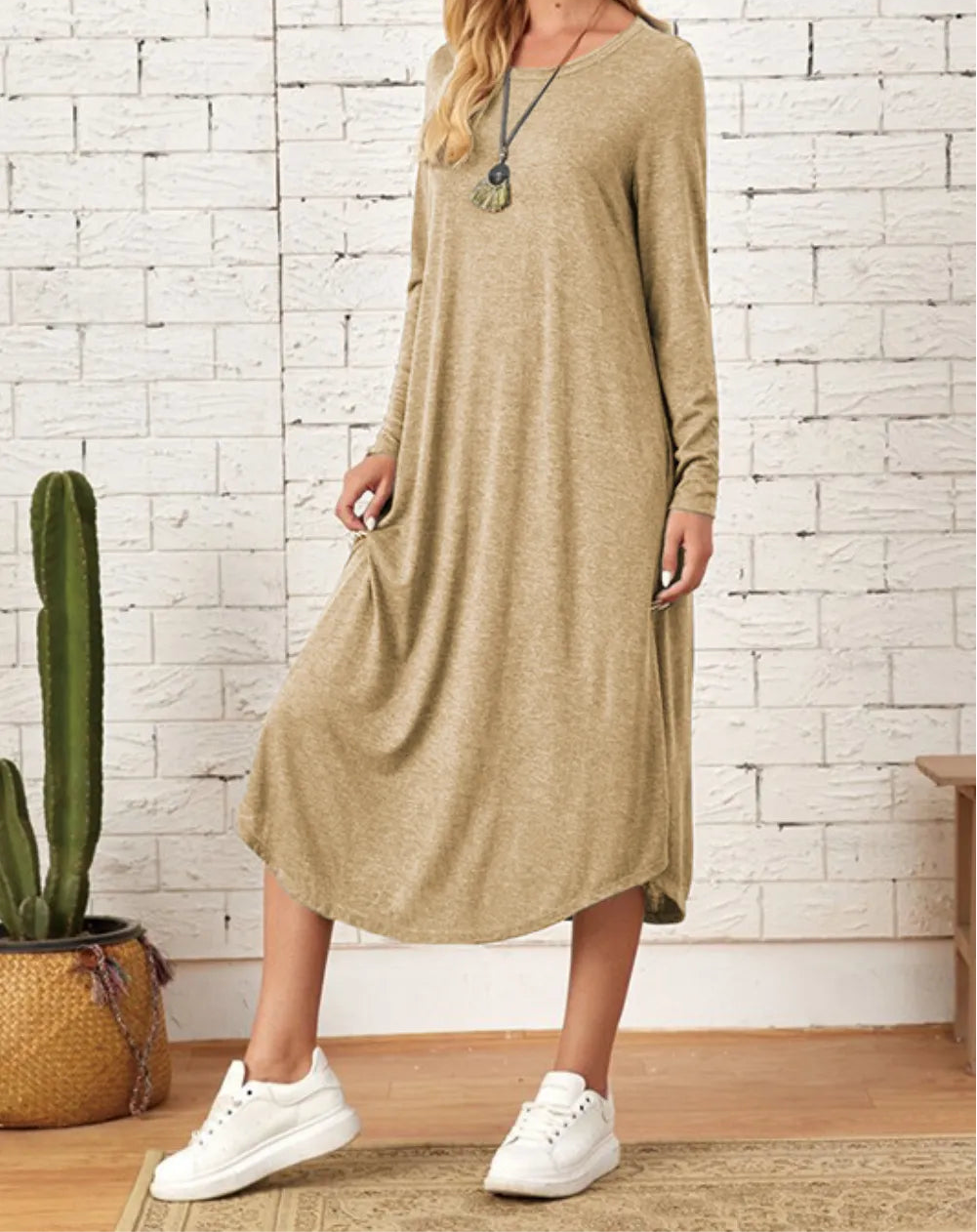Pocketed Round Neck Long Sleeve Tee Dress