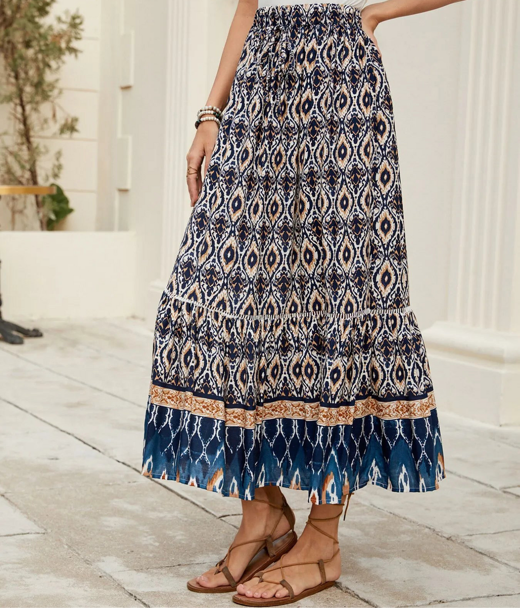 Bohemian Printed Ruched Maxi Skirt