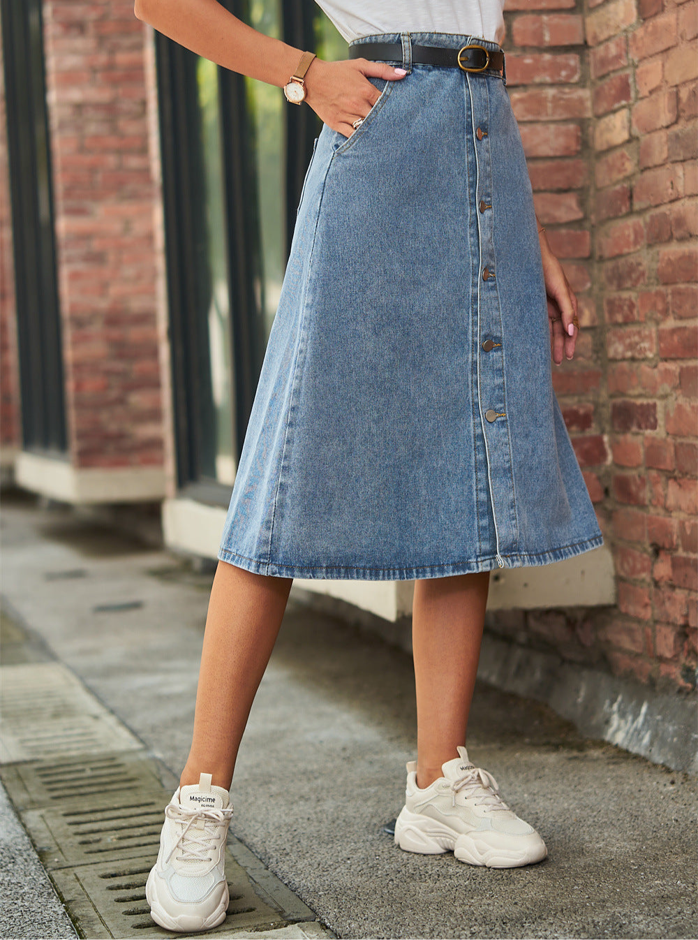 Button Front A-Line Denim Skirt