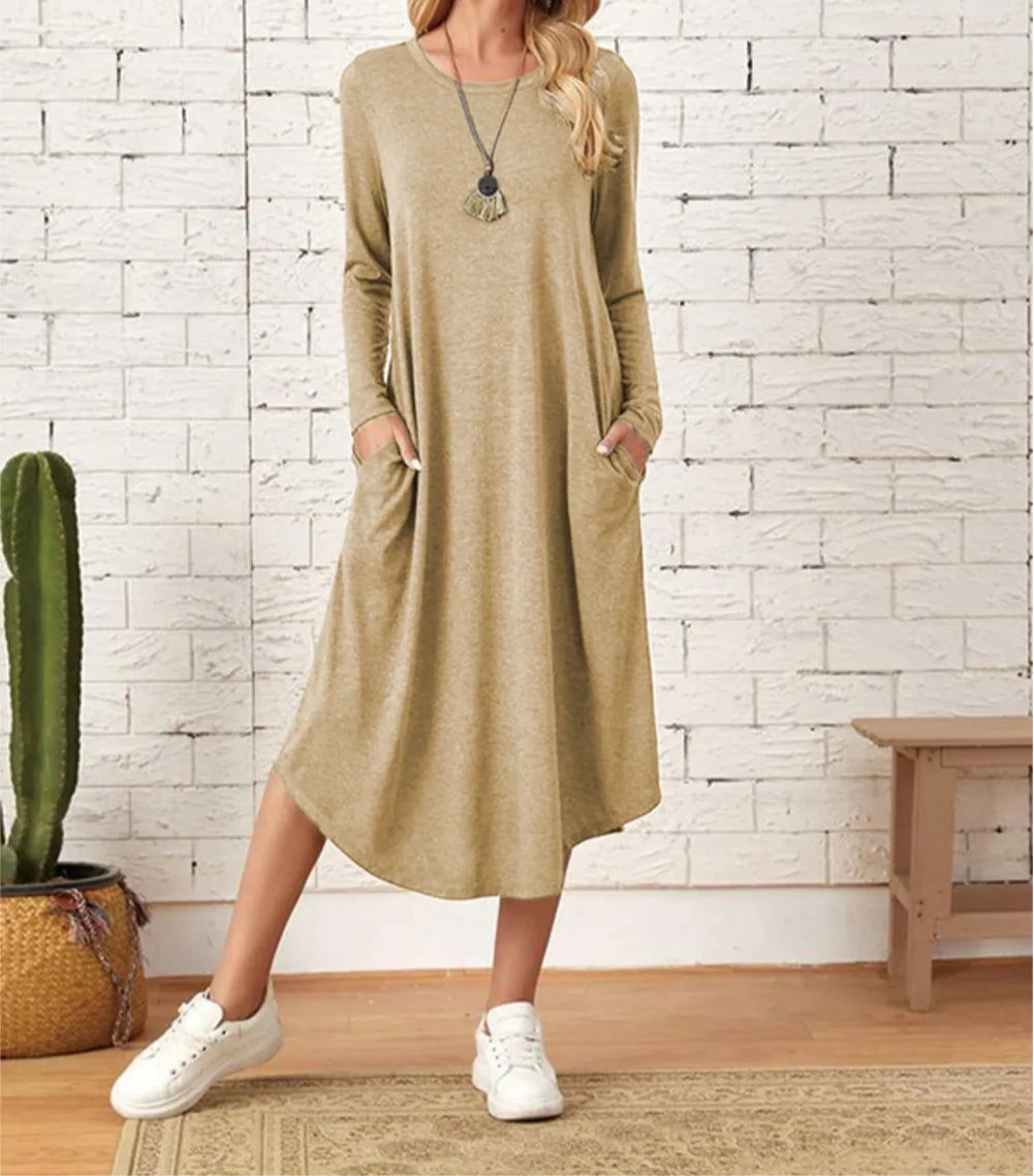 Pocketed Round Neck Long Sleeve Tee Dress