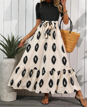 Printed Tie Waist Short Sleeve Maxi Dress